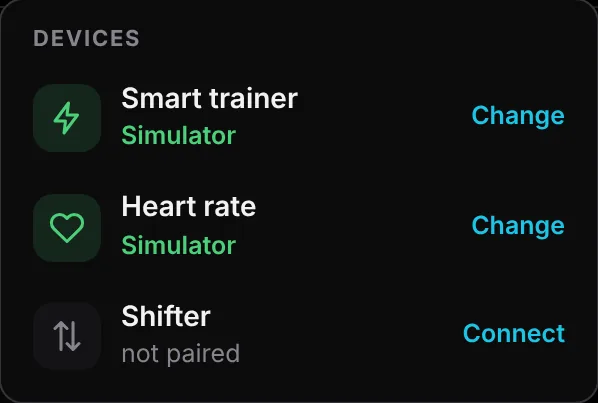 Devices menu with smart trainer, heart rate and shifter