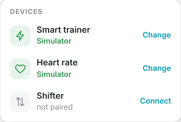 Devices menu with smart trainer, heart rate and shifter