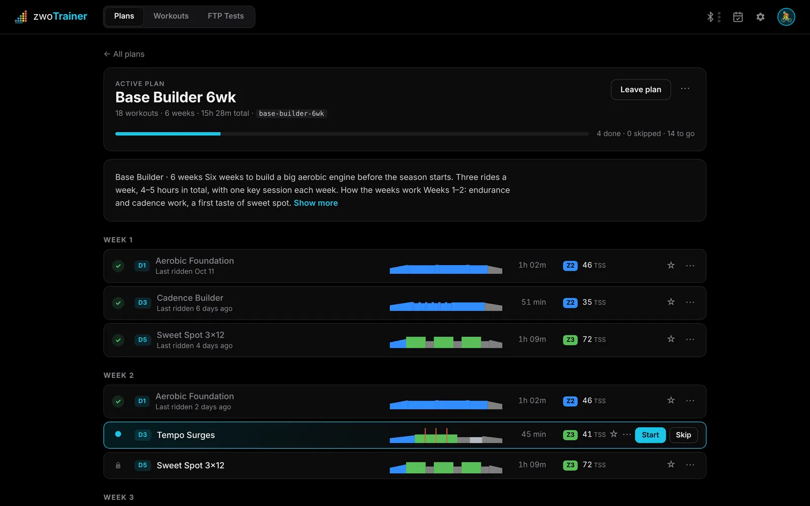 Plan page with week-by-week sessions, progress bar and the next workout highlighted