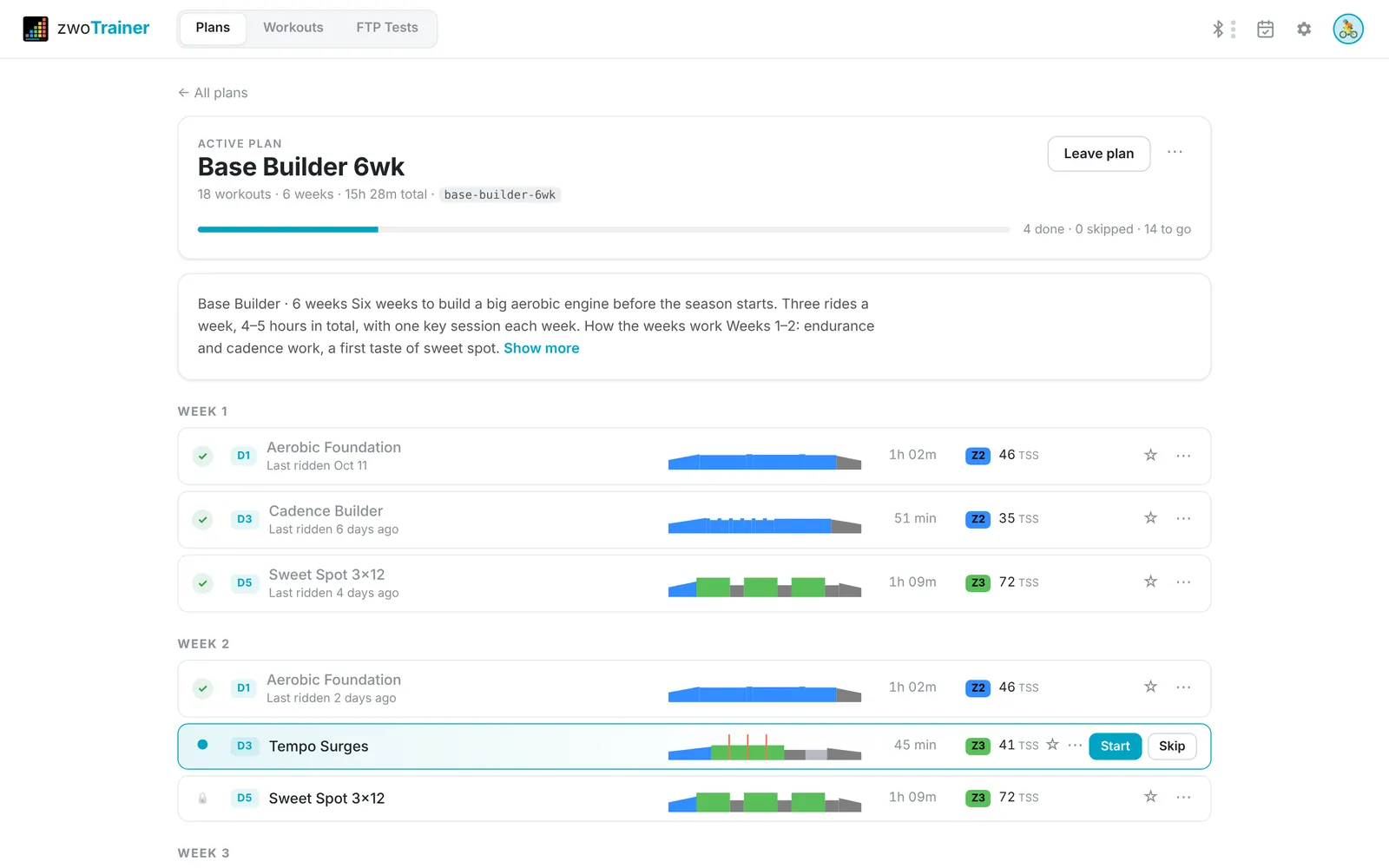 Plan page with week-by-week sessions, progress bar and the next workout highlighted