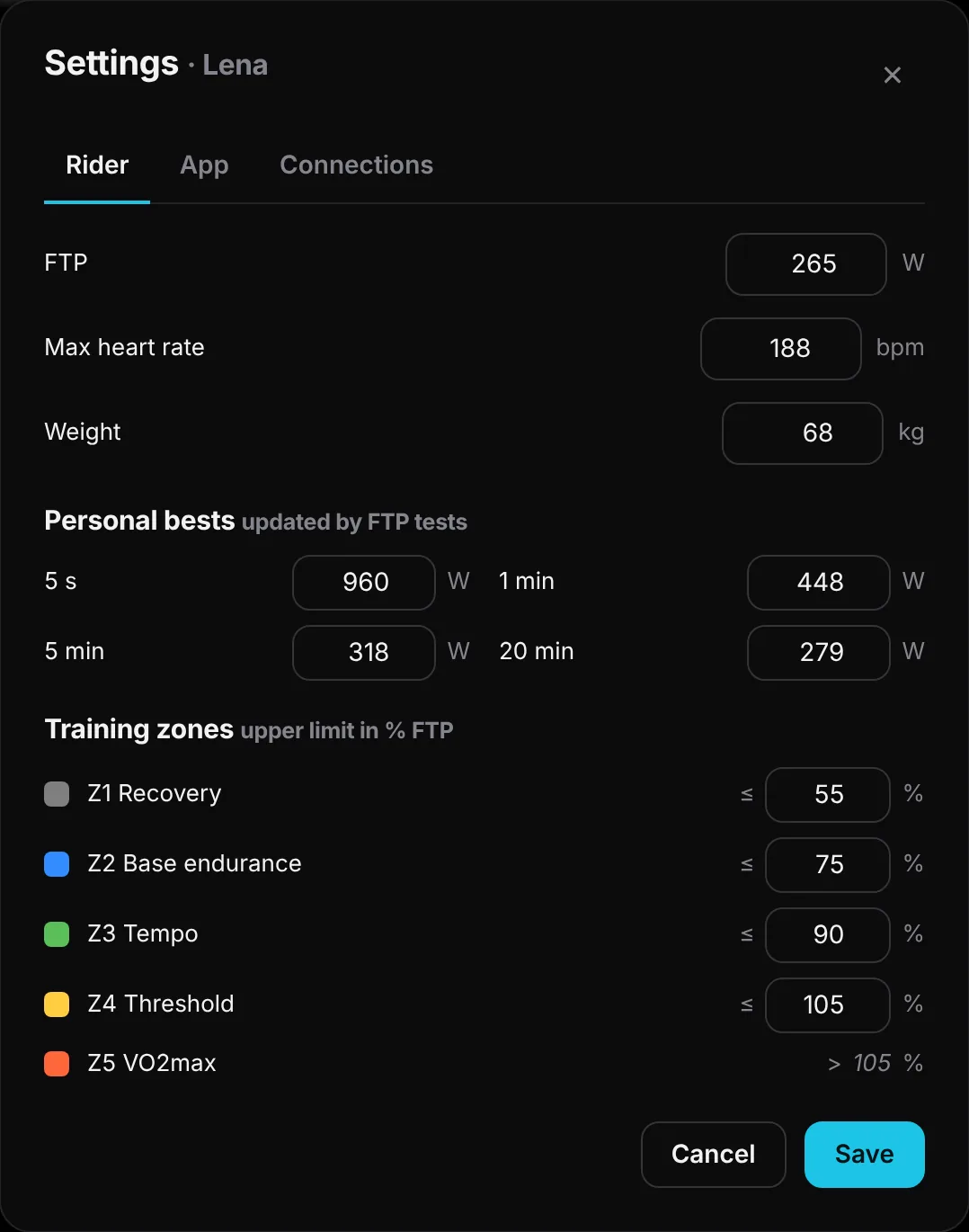 Rider settings with FTP, weight, power bests and training zones