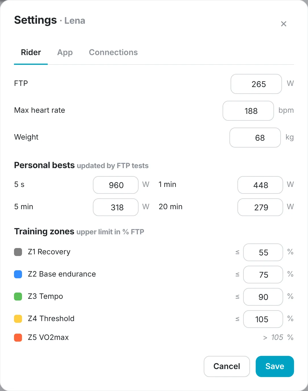 Rider settings with FTP, weight, power bests and training zones