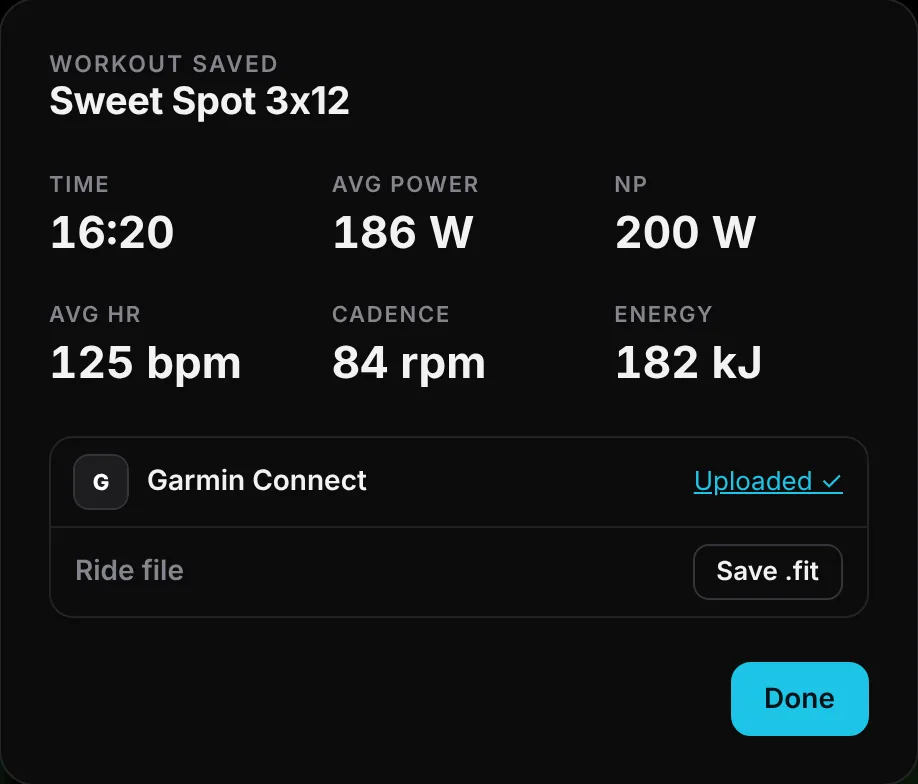 Workout summary with time, power, NP, heart rate, cadence and energy, uploaded to Garmin Connect
