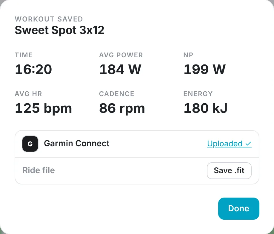 Workout summary with time, power, NP, heart rate, cadence and energy, uploaded to Garmin Connect