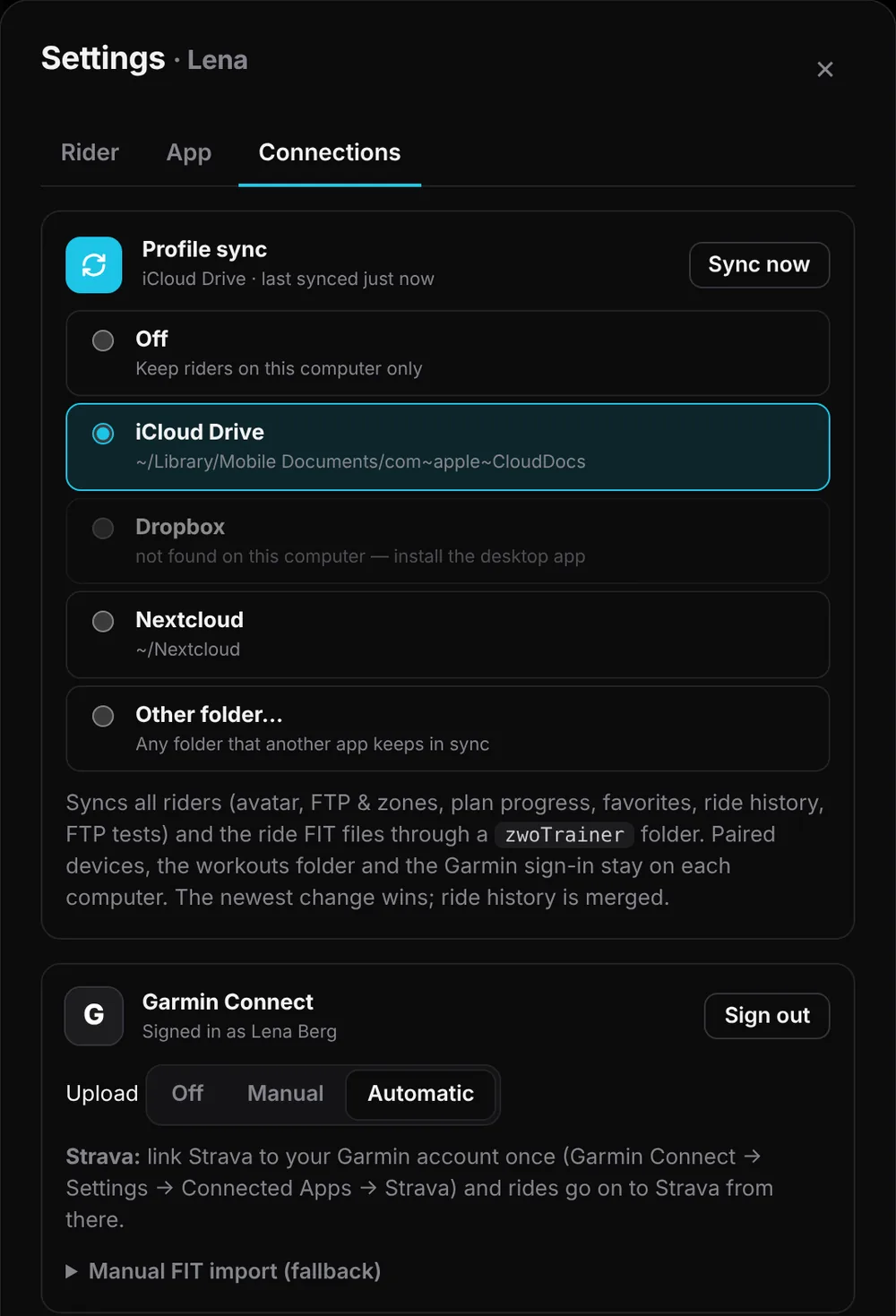 Connections settings with profile sync and Garmin Connect