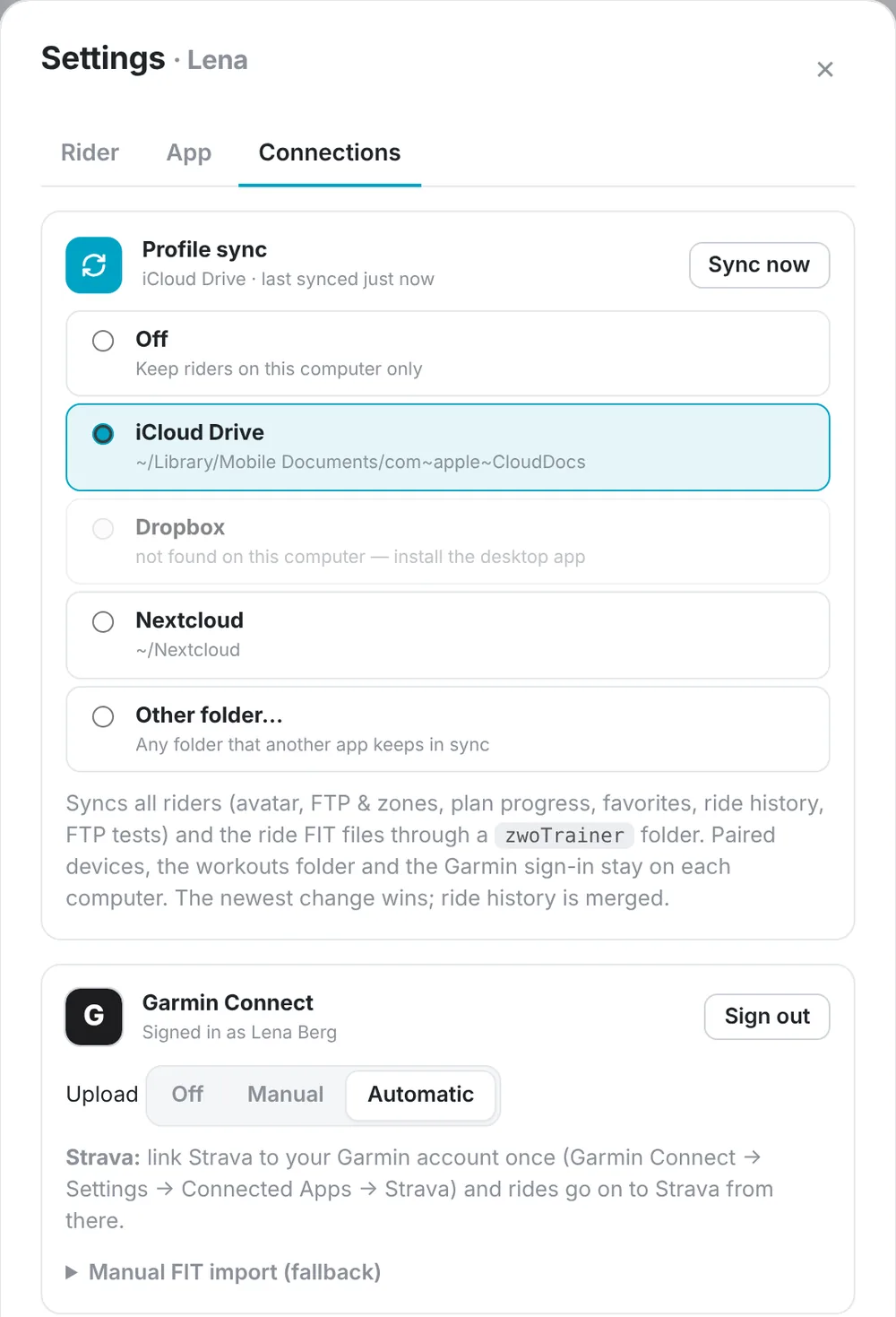 Connections settings with profile sync and Garmin Connect