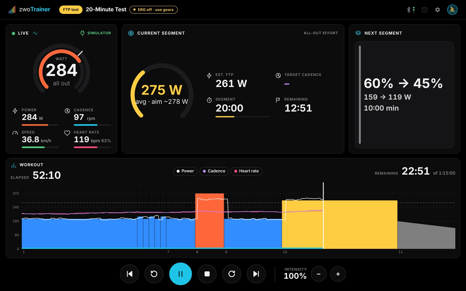 20-minute FTP test during the all-out effort with live estimated FTP and pacing