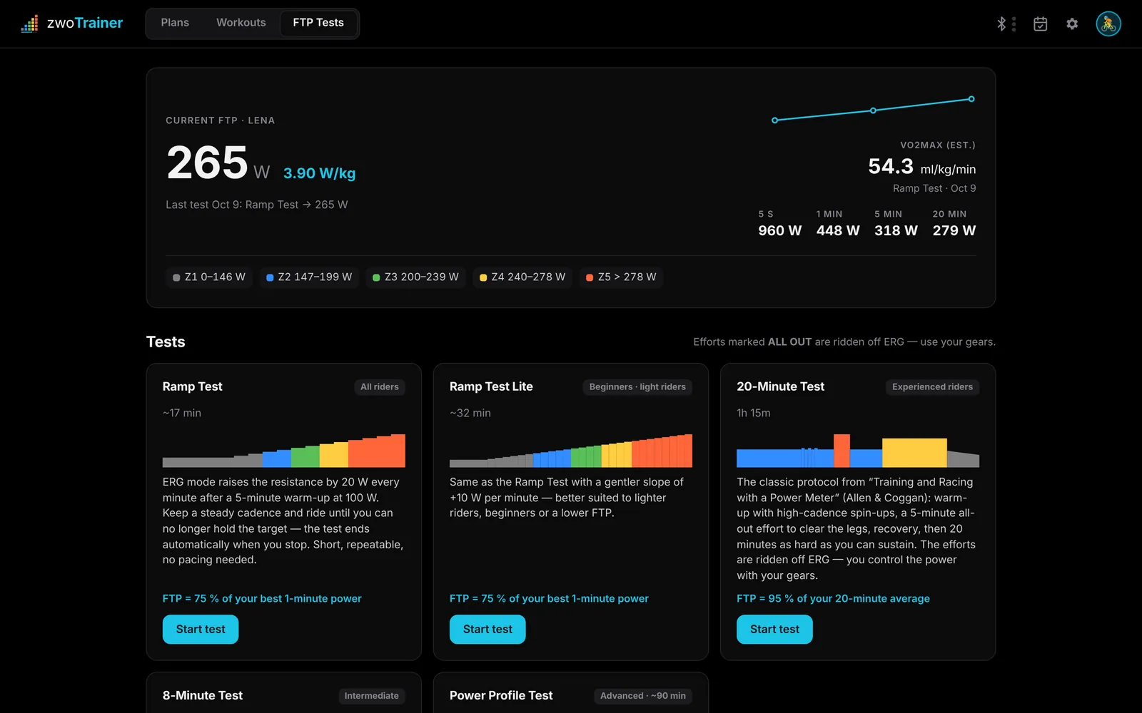 FTP tests page with the FTP history and test cards