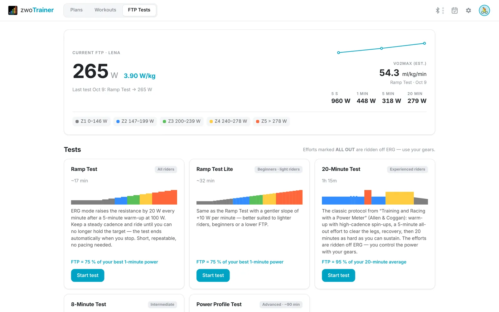 FTP tests page with the FTP history and test cards