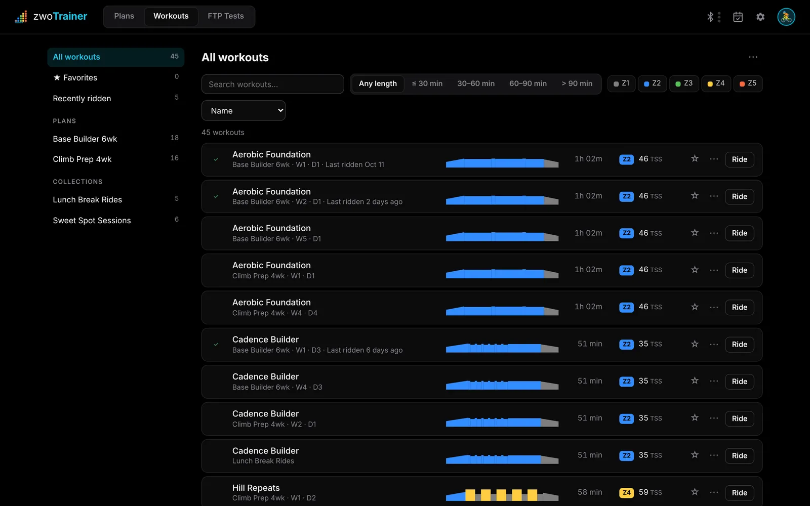 Workout library with filters by length and intensity zone