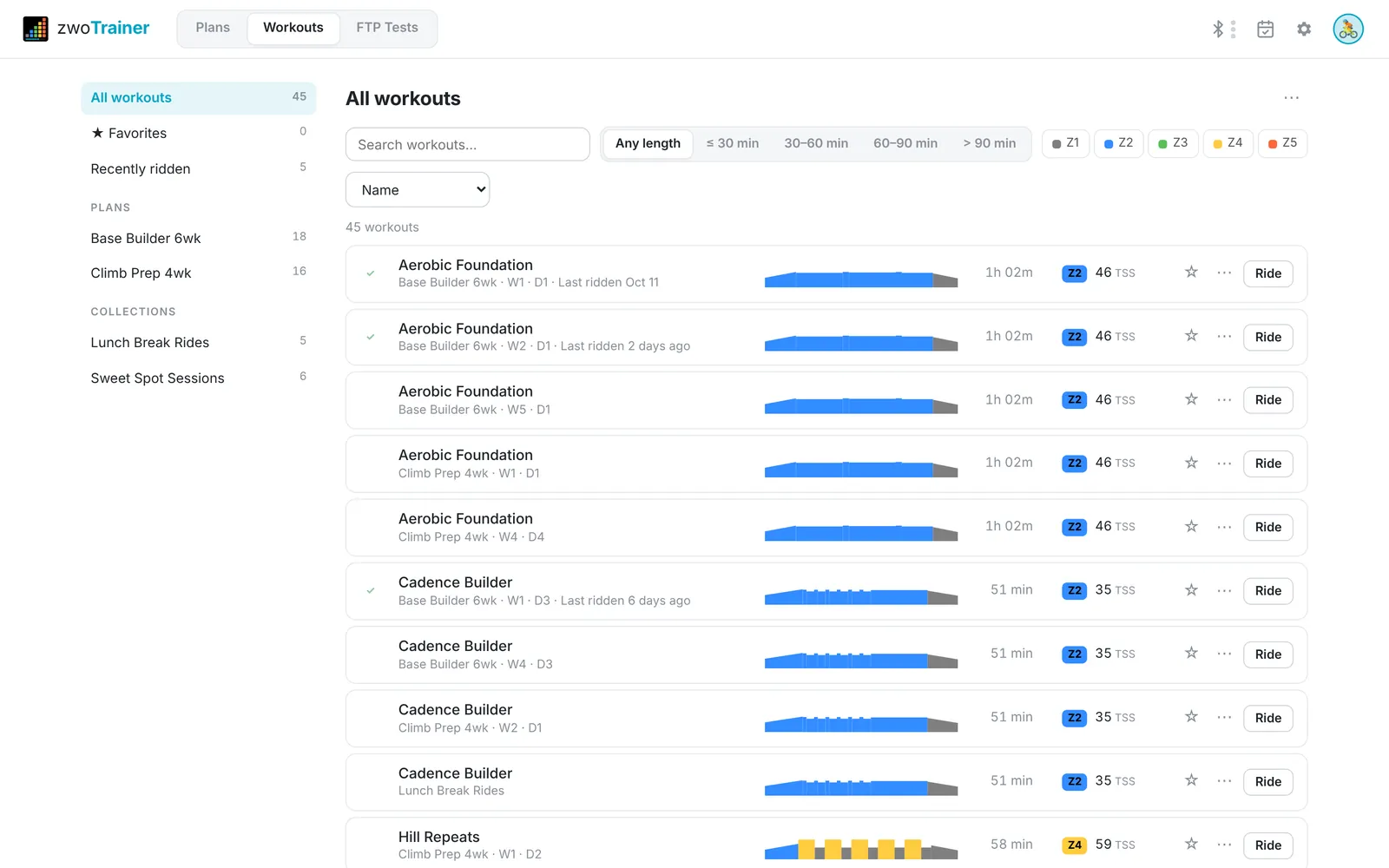 Workout library with filters by length and intensity zone